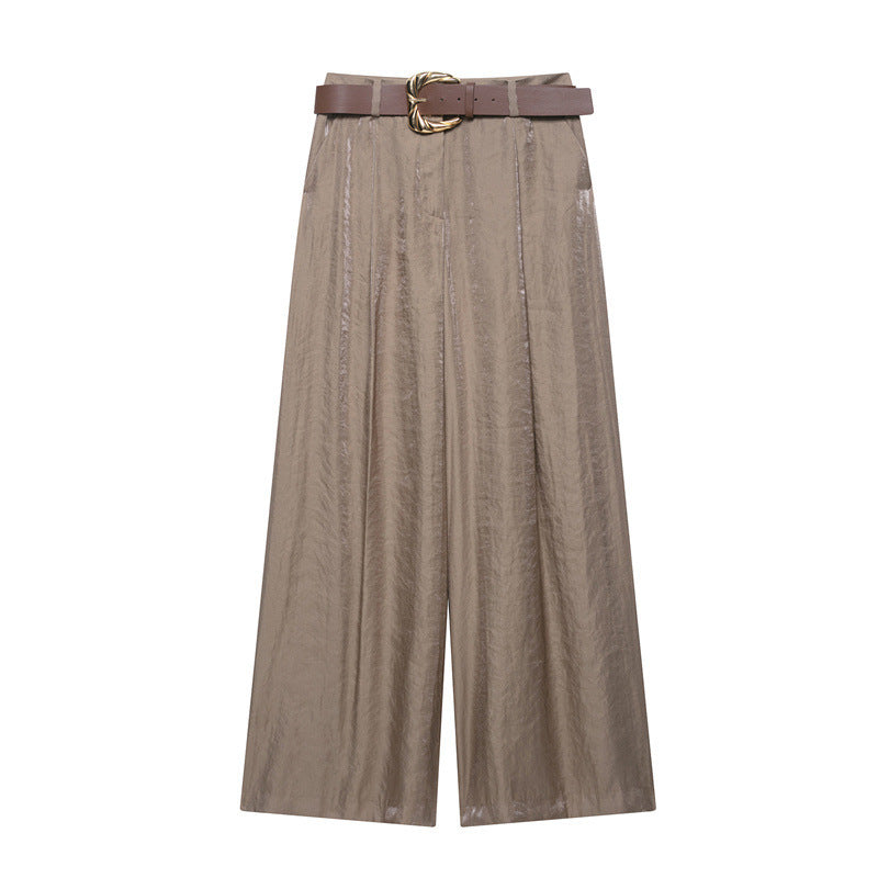 Casual Belt Silk Satin Texture Wide Leg Pants With Belt