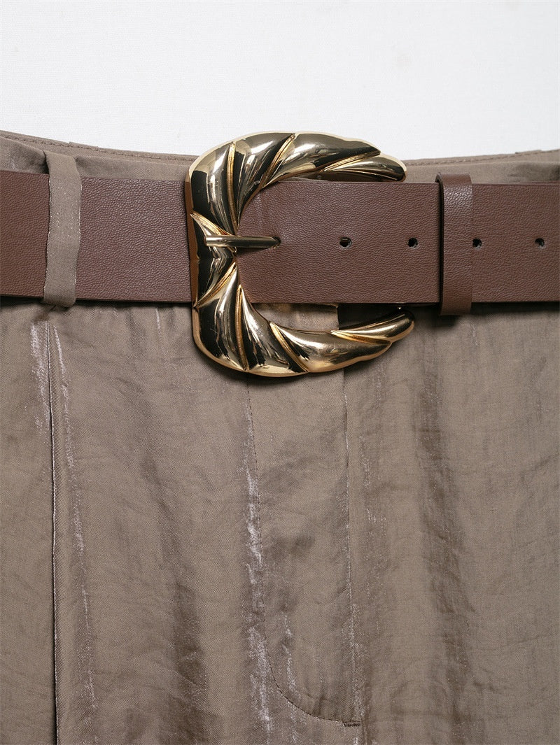 Casual Belt Silk Satin Texture Wide Leg Pants With Belt