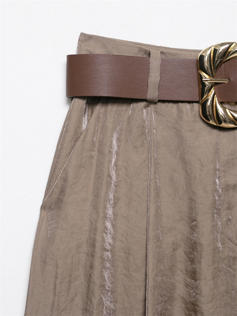 Casual Belt Silk Satin Texture Wide Leg Pants With Belt