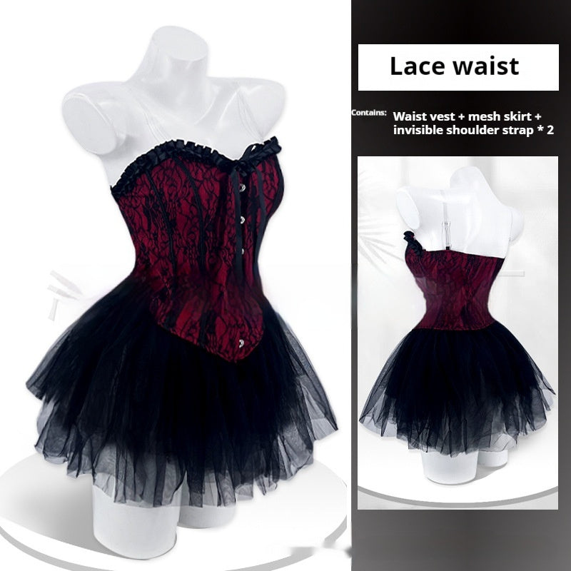 Lace Patchwork Ruffled Tube Top High Waist Bubble Skirt
