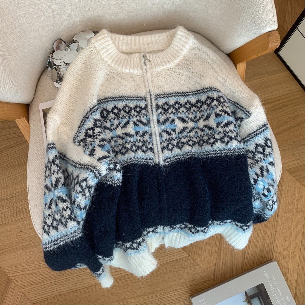 Retro Lazy Style Jacquard Long Sleeve Sweater Women