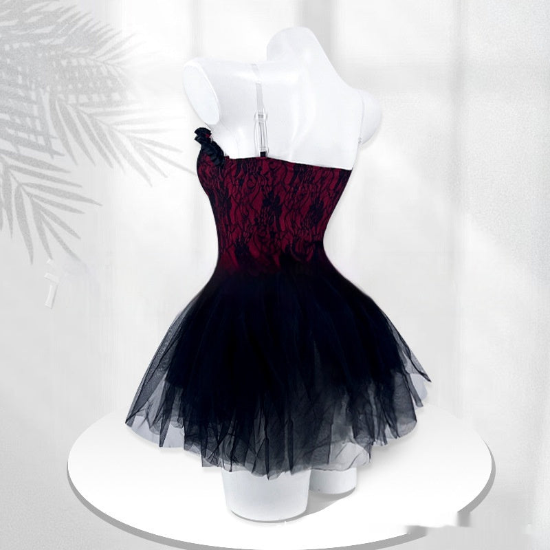 Lace Patchwork Ruffled Tube Top High Waist Bubble Skirt