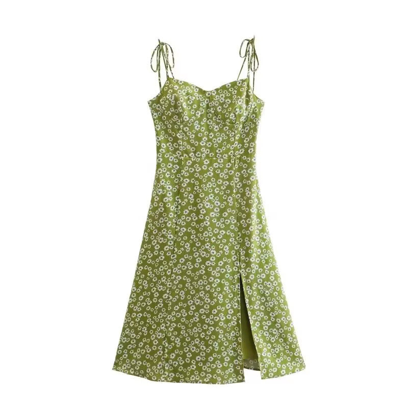 European And American Style French Retro Little Daisy Floral Print Slit Suspender Skirt