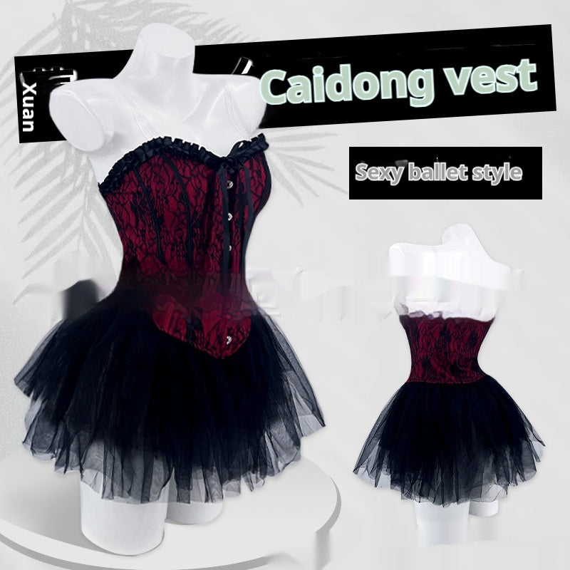 Lace Patchwork Ruffled Tube Top High Waist Bubble Skirt