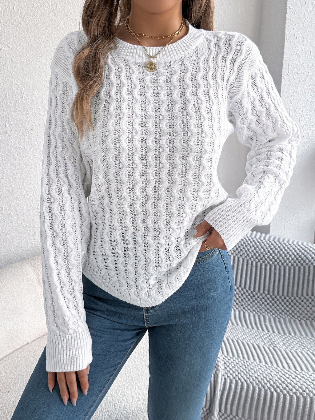 Women Casual Solid Color Cable Knit Lantern Sleeve Irregular Pullover Sweater