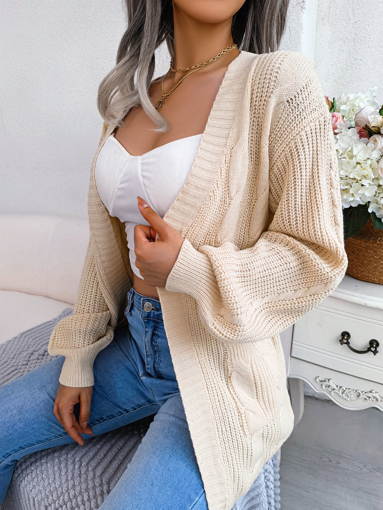 Women Cable Knit Lantern Sleeve Pocket Cardigan Sweater Coat