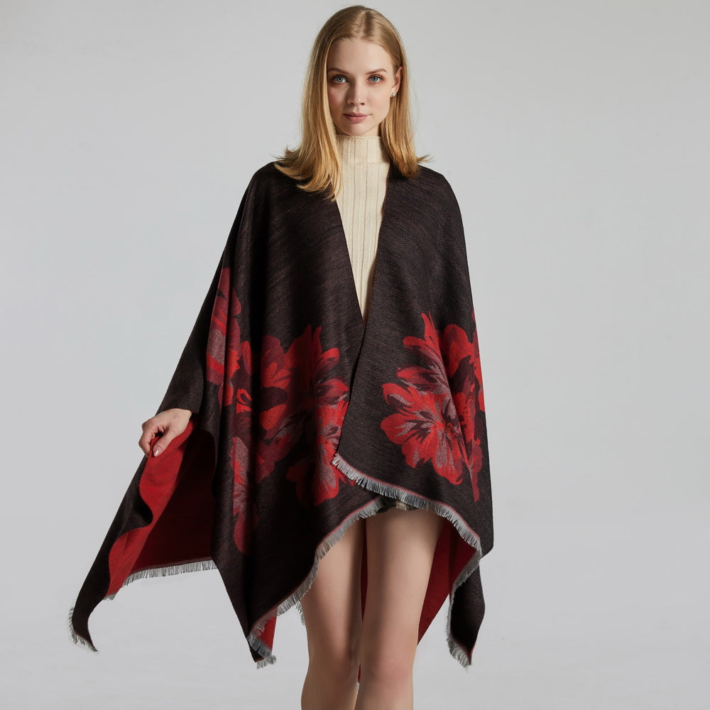 European And American Fashion Jacquard Split Thickened Warm Split Shawl