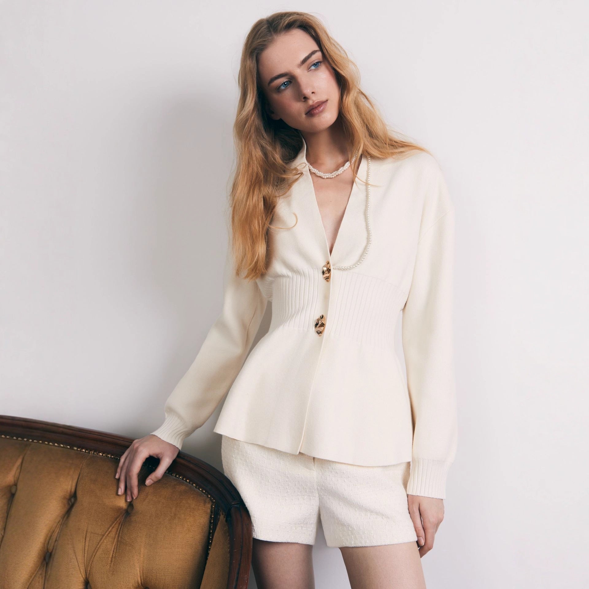 Metal Button Cardigan V-neck Long Sleeve Slit Sweater Women