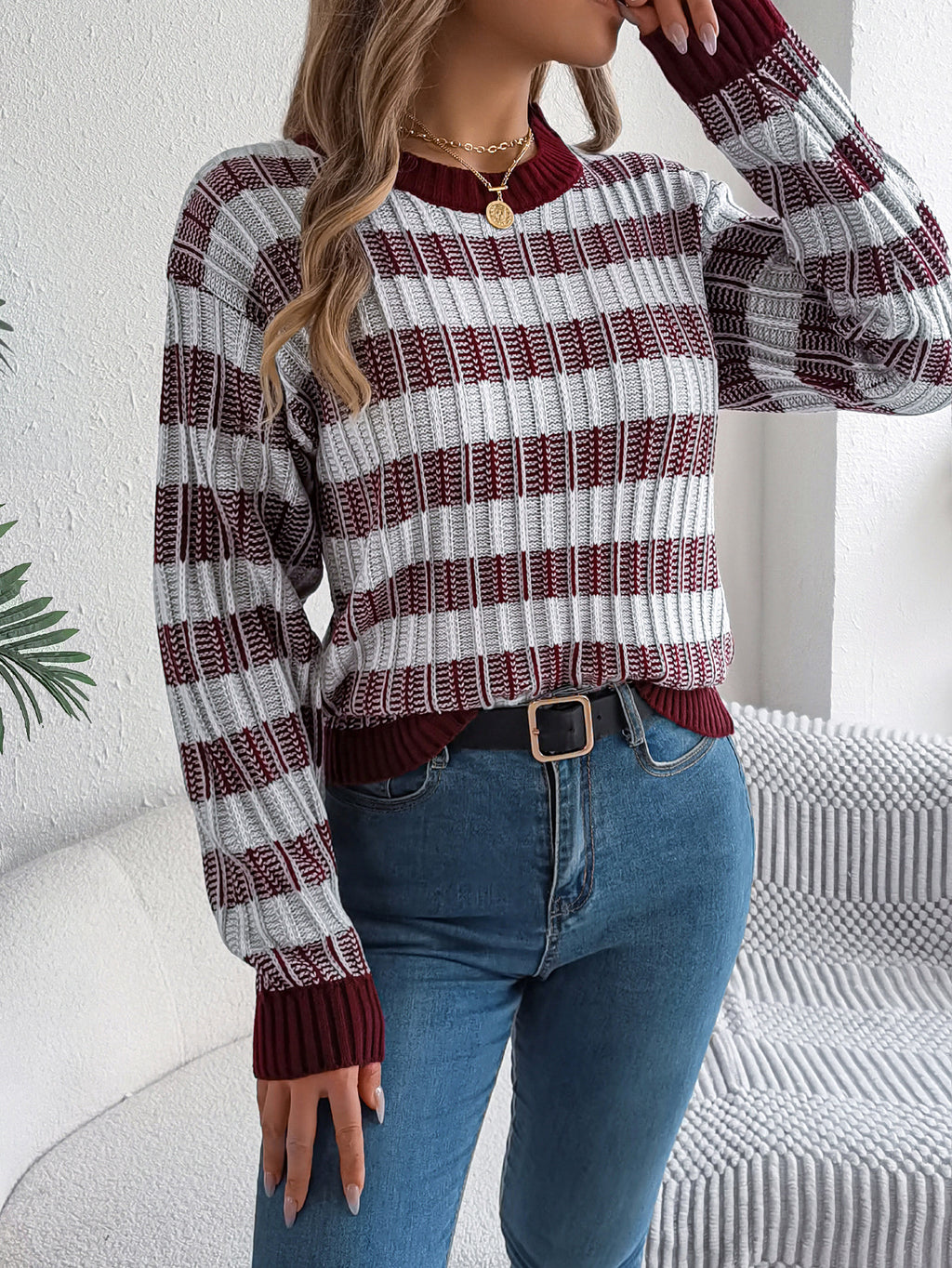 Women Round Neck Retro Stripe Lantern Sleeve Long Sleeve Pullover Sweater