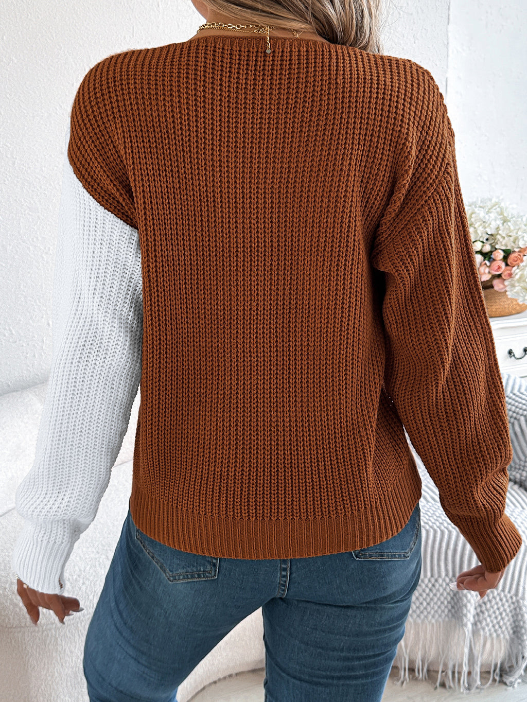 Women Casual V-Neck Button Color Block Lantern Sleeve Pullover Sweater