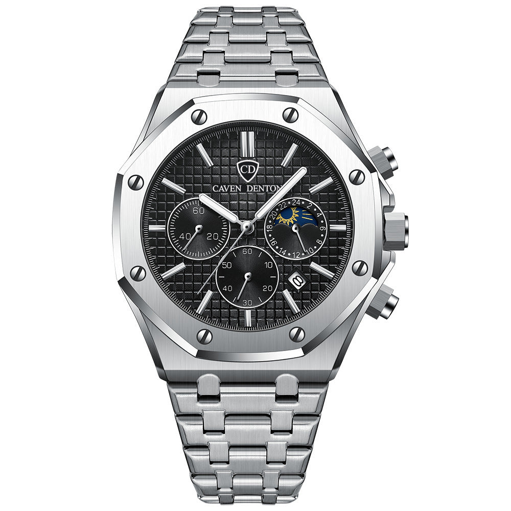 Waterproof High-grade Three Eyes And Six Needles Multi-functional Moon Phase Men's Steel Strap Watch