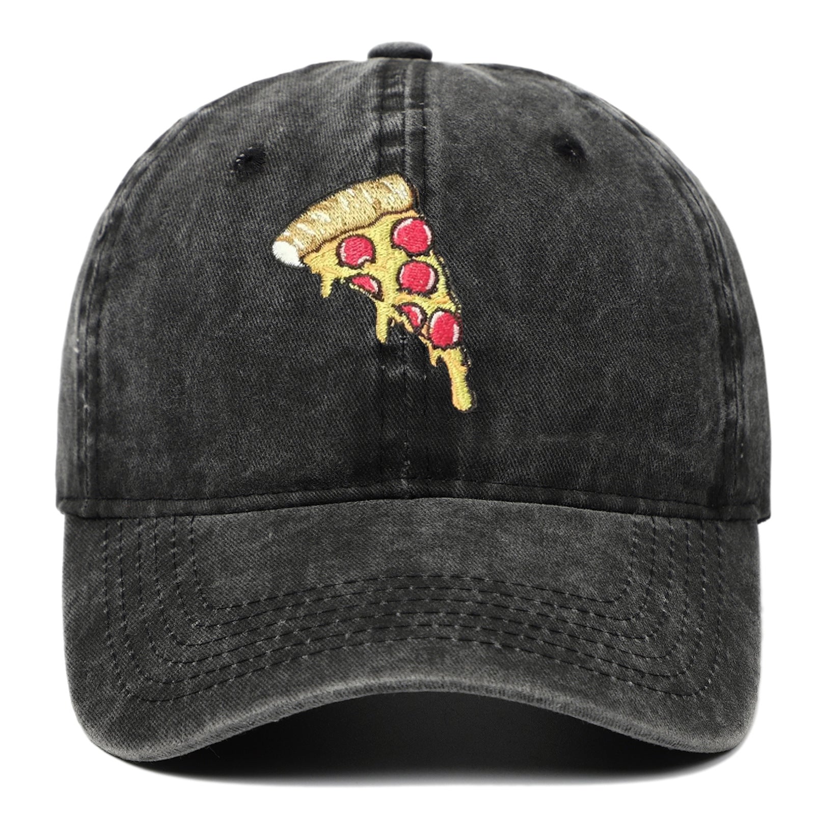 Pizza Embroidery Soft Top Baseball Cap Retro Worn Looking Washed-out