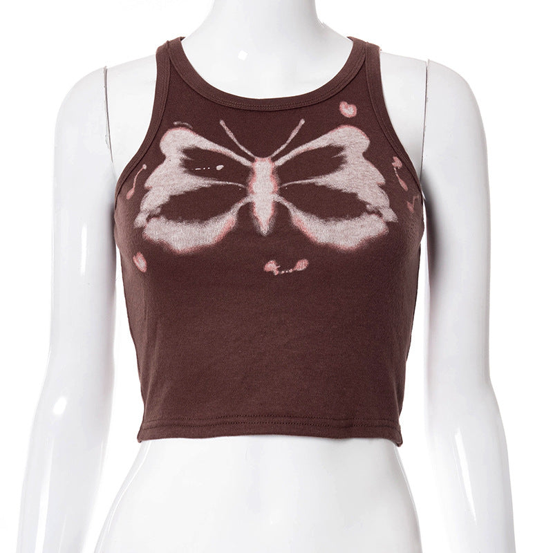 Round Neck Sleeveless Butterfly Print Slim-Fit Women T-Shirt