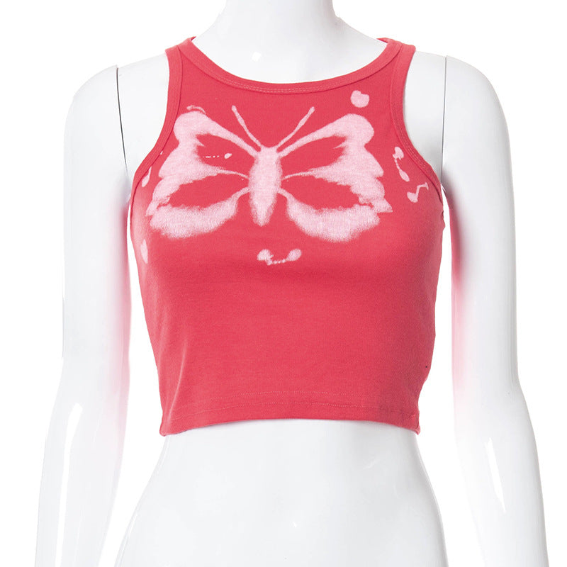 Round Neck Sleeveless Butterfly Print Slim-Fit Women T-Shirt