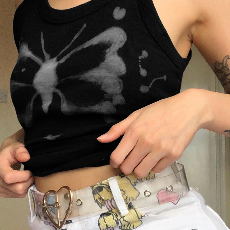 Round Neck Sleeveless Butterfly Print Slim-Fit Women T-Shirt