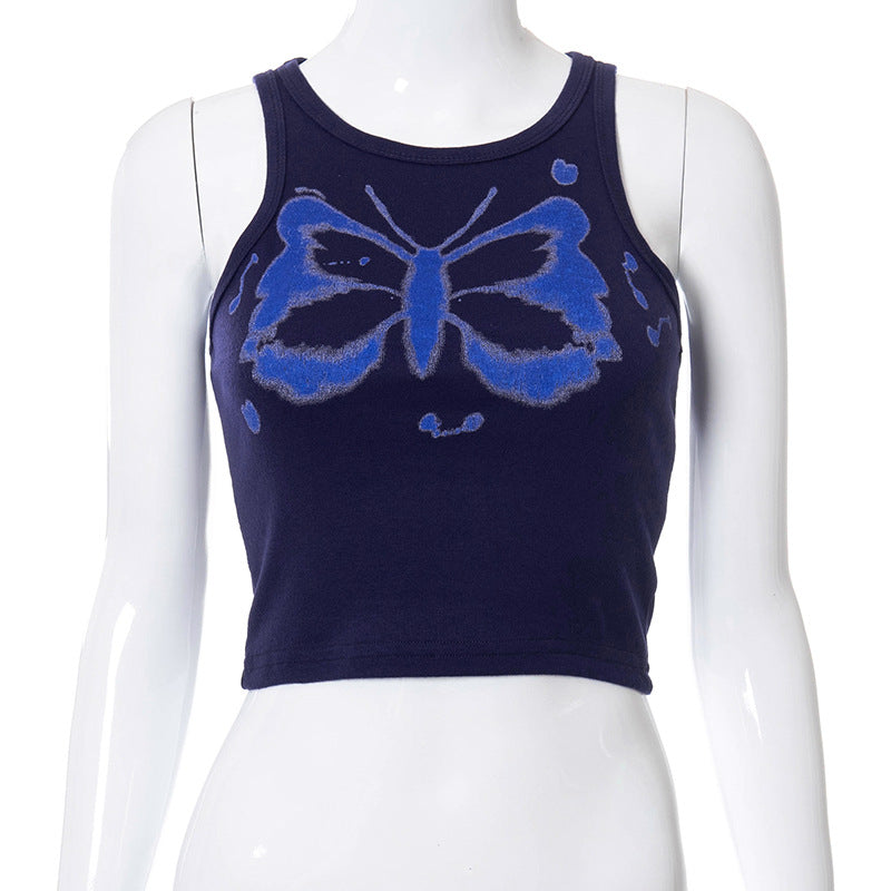 Round Neck Sleeveless Butterfly Print Slim-Fit Women T-Shirt