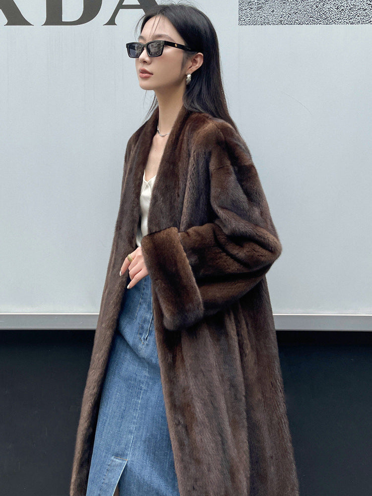 Vintage Mink Coat  Caramel Color V-neck Elongated Style Women's