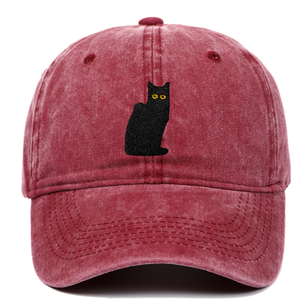 Sitting Black Cat Embroidered Baseball Cap Worn Looking Washed-out
