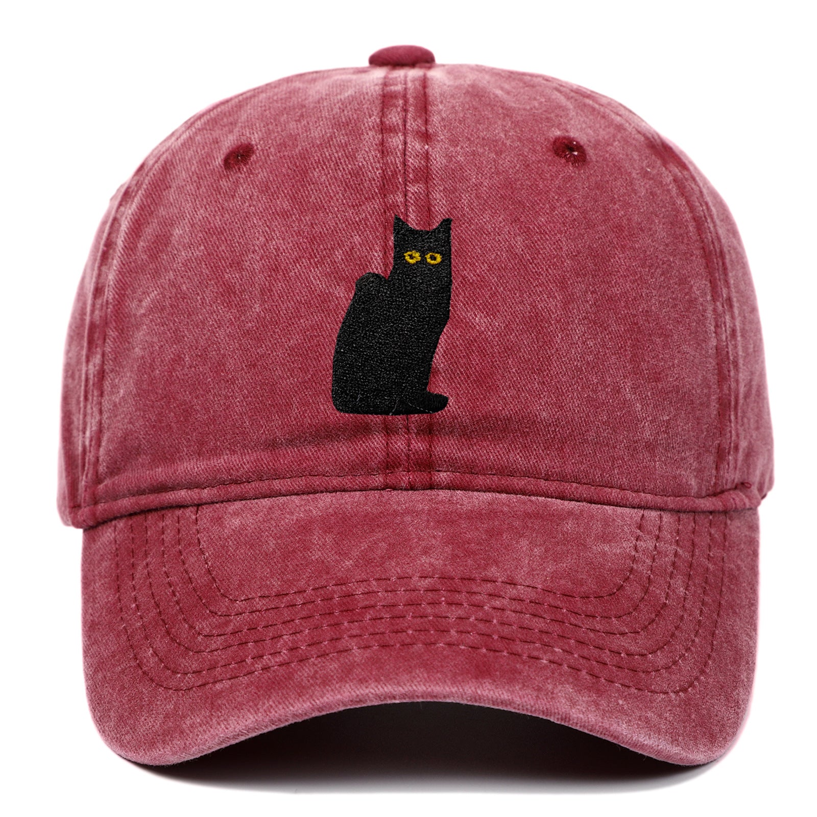 Sitting Black Cat Embroidered Baseball Cap Worn Looking Washed-out