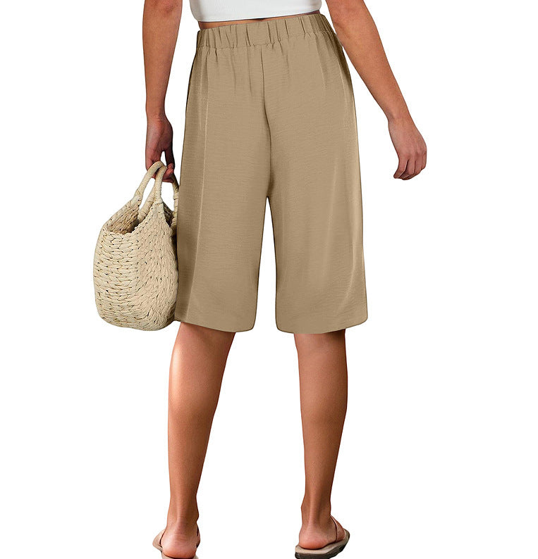 Summer Elastic Waist Pure Color Tied Loose Casual Cropped Pants