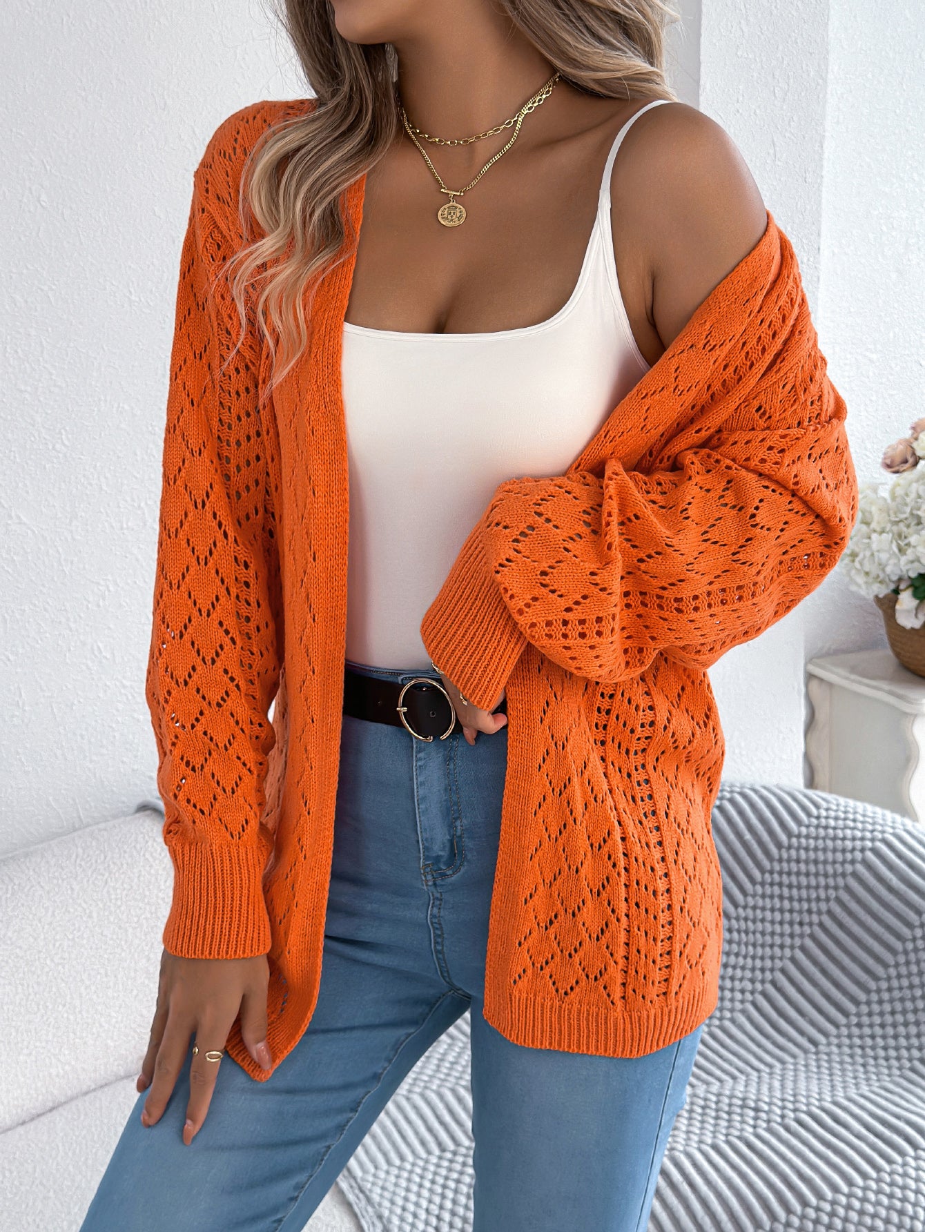 Women Hollow Out Lantern Sleeve Long Sleeve Cardigan Sweater Coat