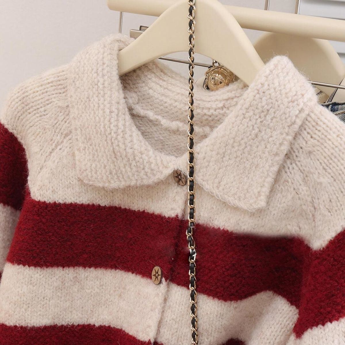 Women's Lapel Stripe Sweater Coat
