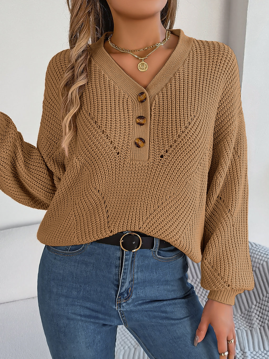 Women Hollow Out V-Neck Button Lantern Sleeve Pullover Sweater