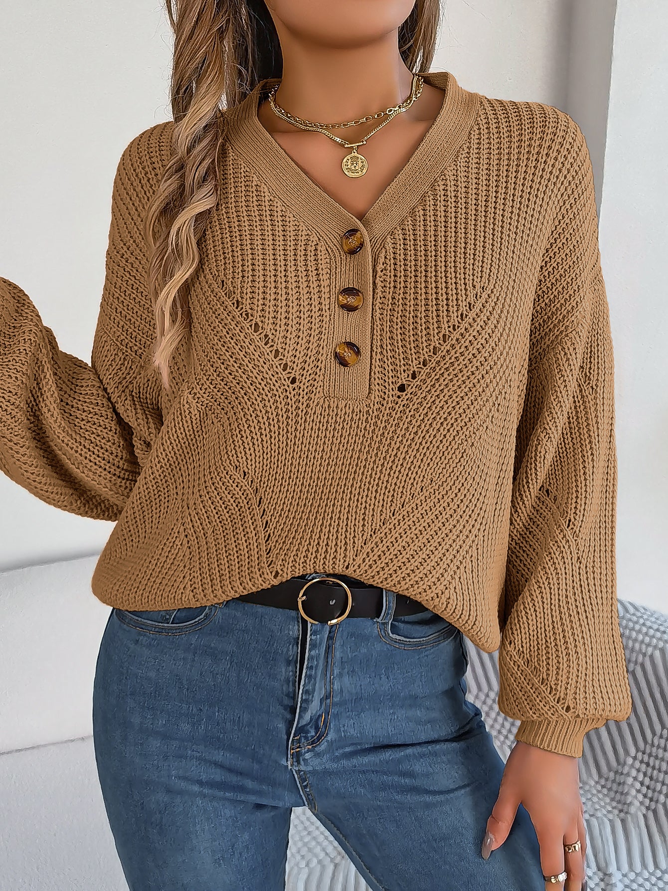Women Hollow Out V-Neck Button Lantern Sleeve Pullover Sweater