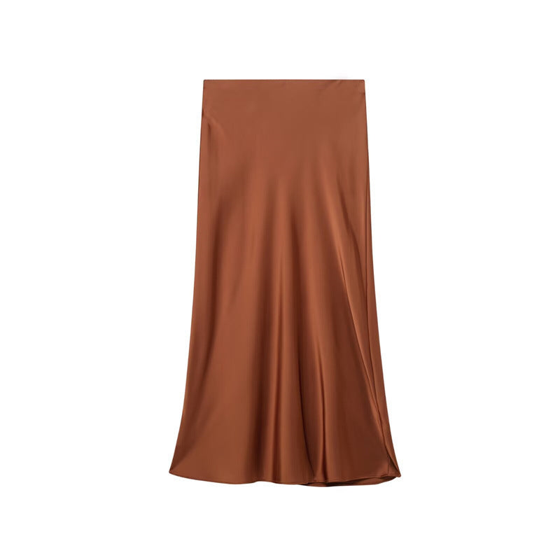 Solid Color Slim Silk Satin Texture Midi Skirt