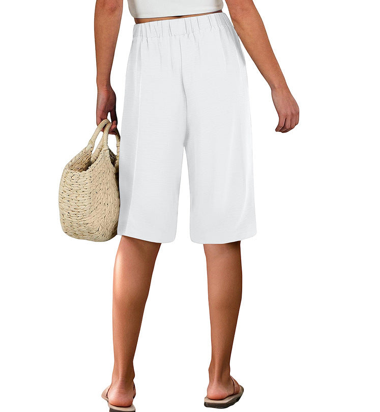 Summer Elastic Waist Pure Color Tied Loose Casual Cropped Pants