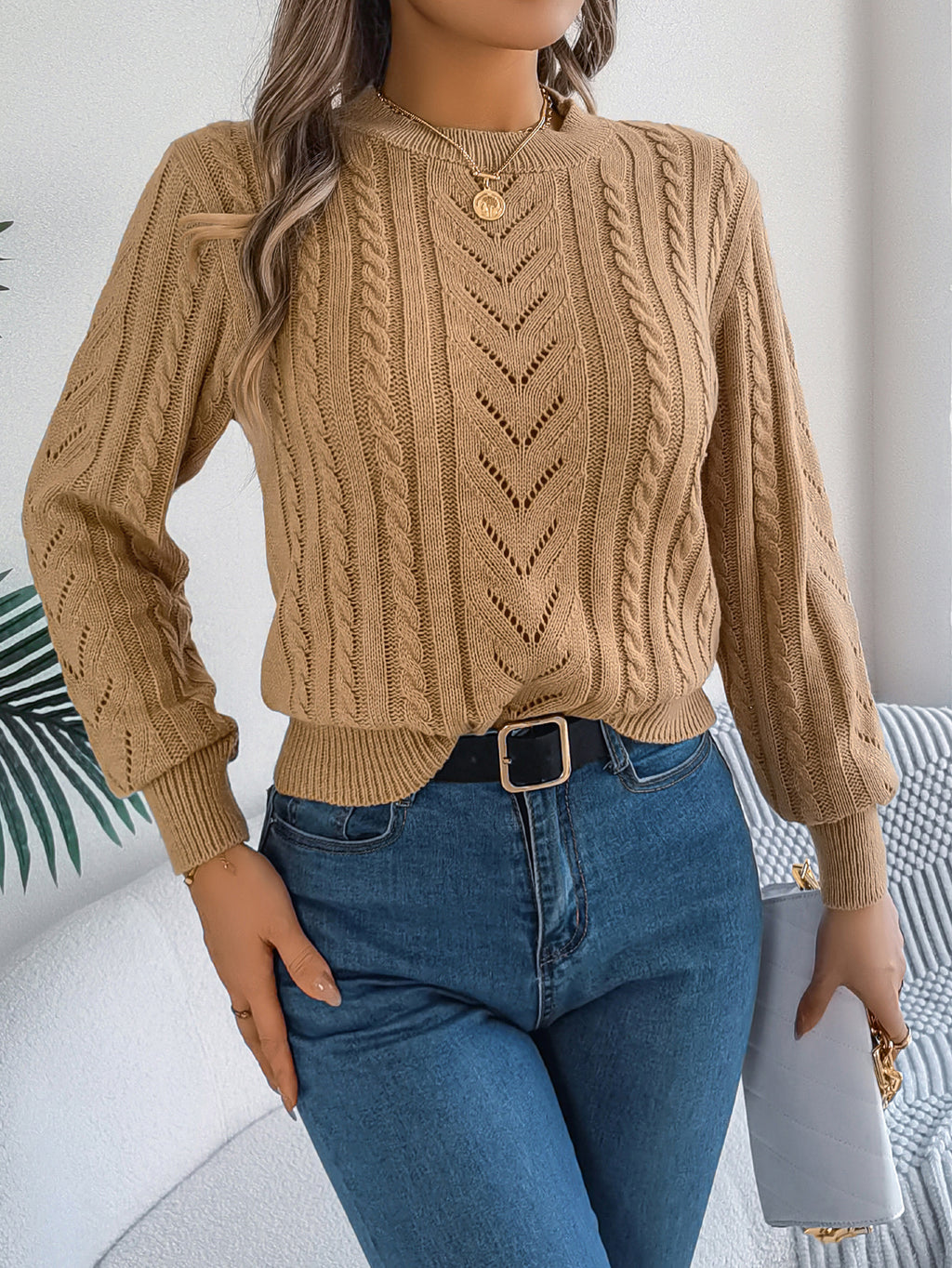 Women Casual Solid Color Hollow Out Lantern Sleeve Pullover Sweater