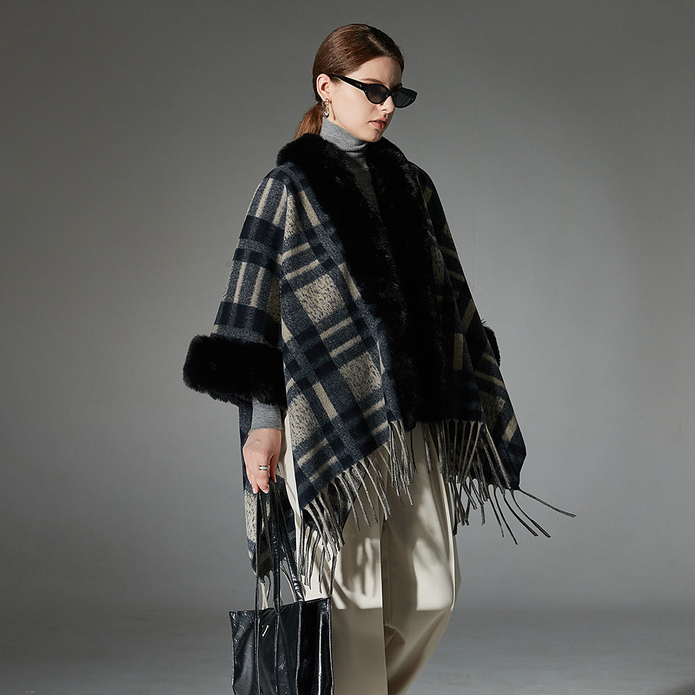 Plaid Navy Blue Fur Collar Shawl Warm