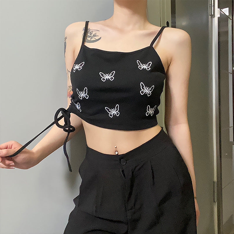 Style New Butterfly Print Umbilical Strap Drawstring Bottoming Top