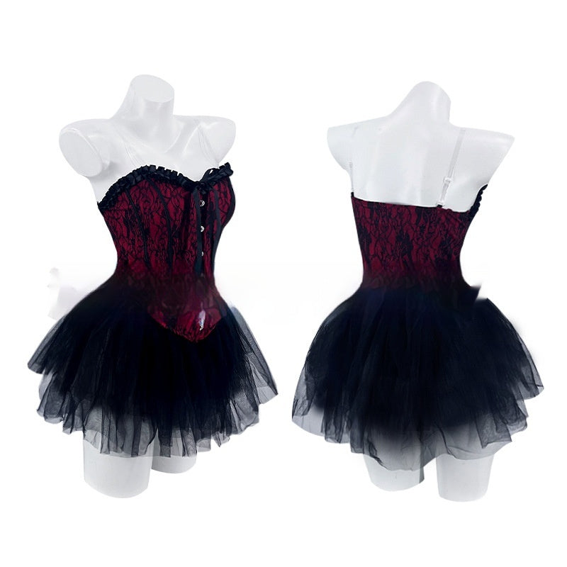 Lace Patchwork Ruffled Tube Top High Waist Bubble Skirt