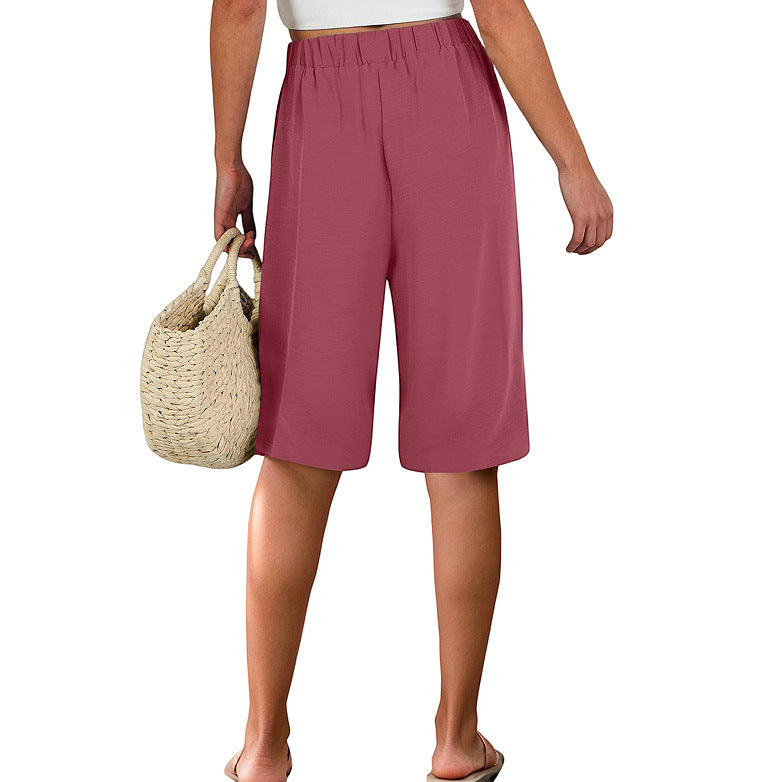 Summer Elastic Waist Pure Color Tied Loose Casual Cropped Pants