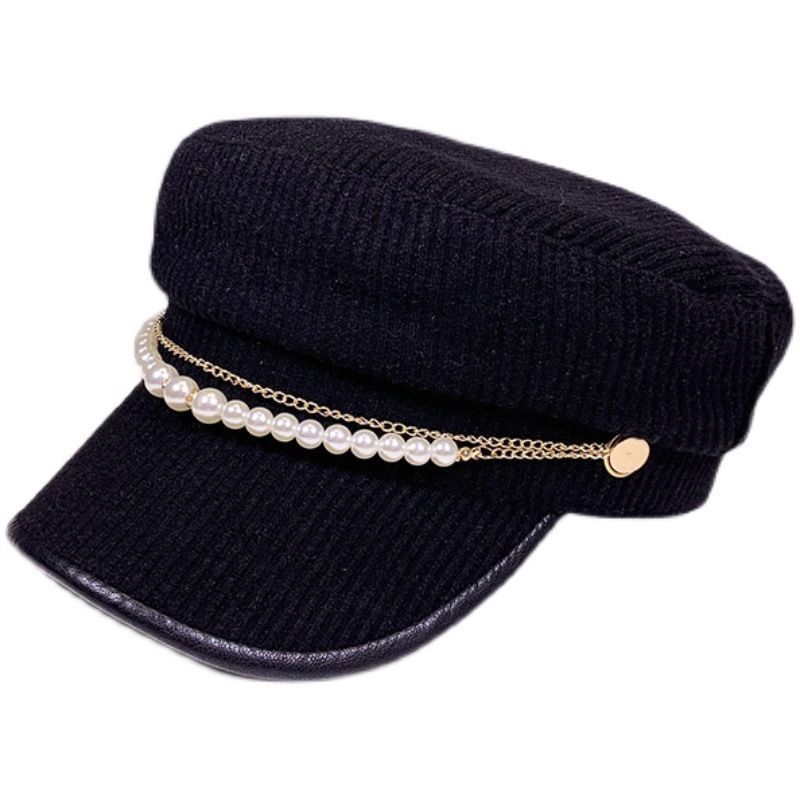 Autumn And Winter Pearl Chain Flat Top Navy Hat Women