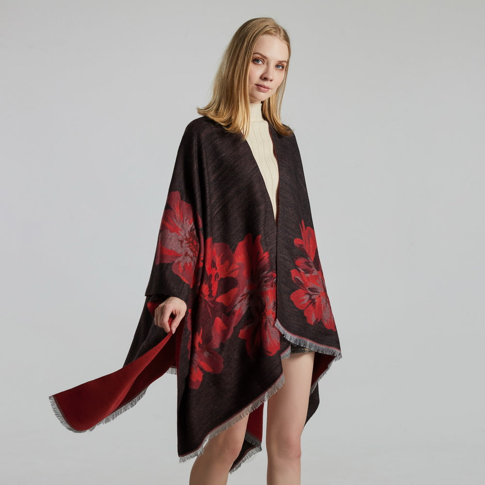 European And American Fashion Jacquard Split Thickened Warm Split Shawl