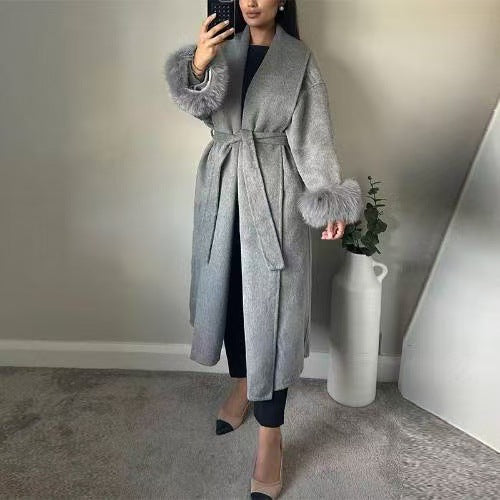 Autumn And Winter Lacing Cuff Woolen Coat