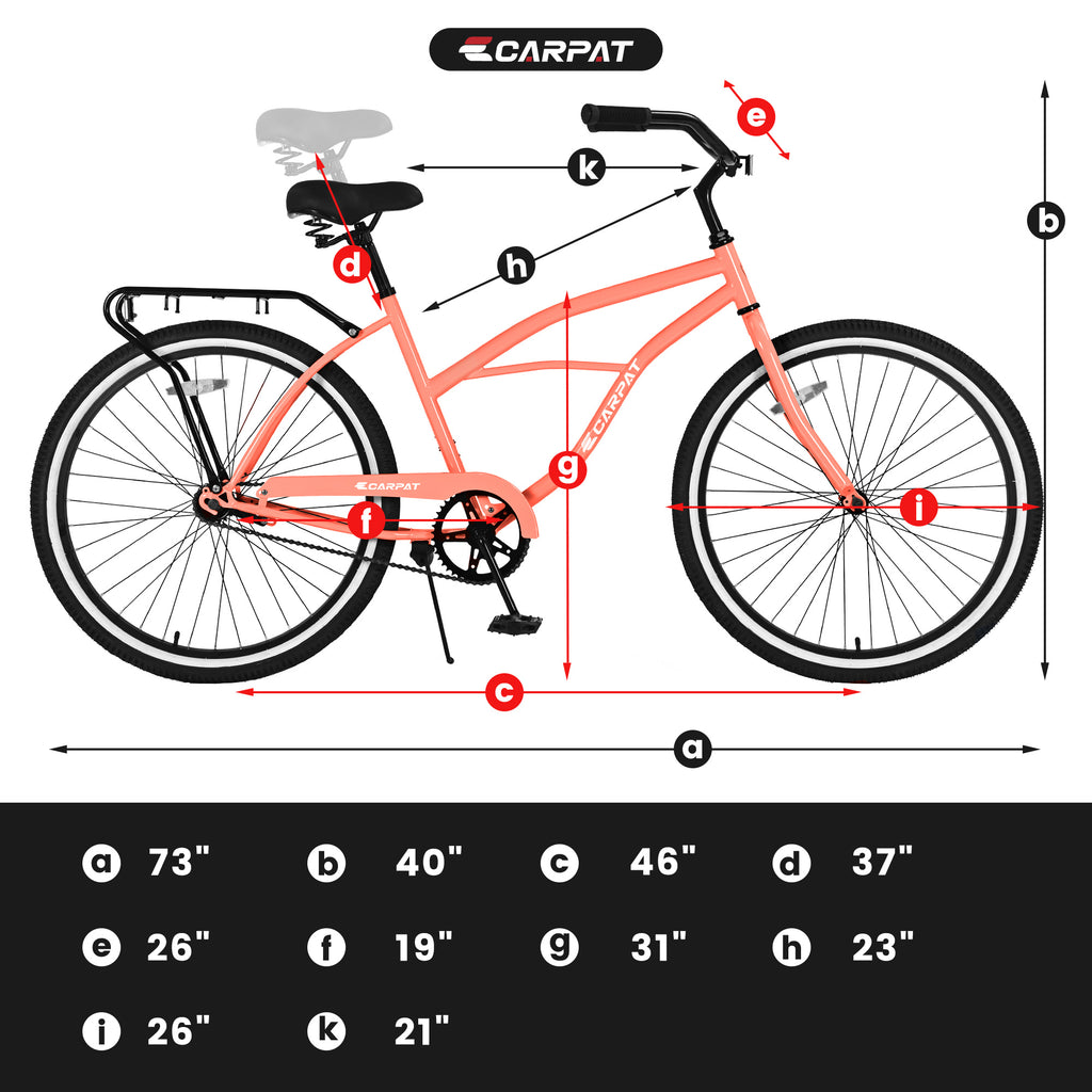S26204 26 Inch Beach Cruiser Bike For Men And Women, Steel Frame, Single Speed Drivetrain, Upright Comfortable Rides, Multiple Colors