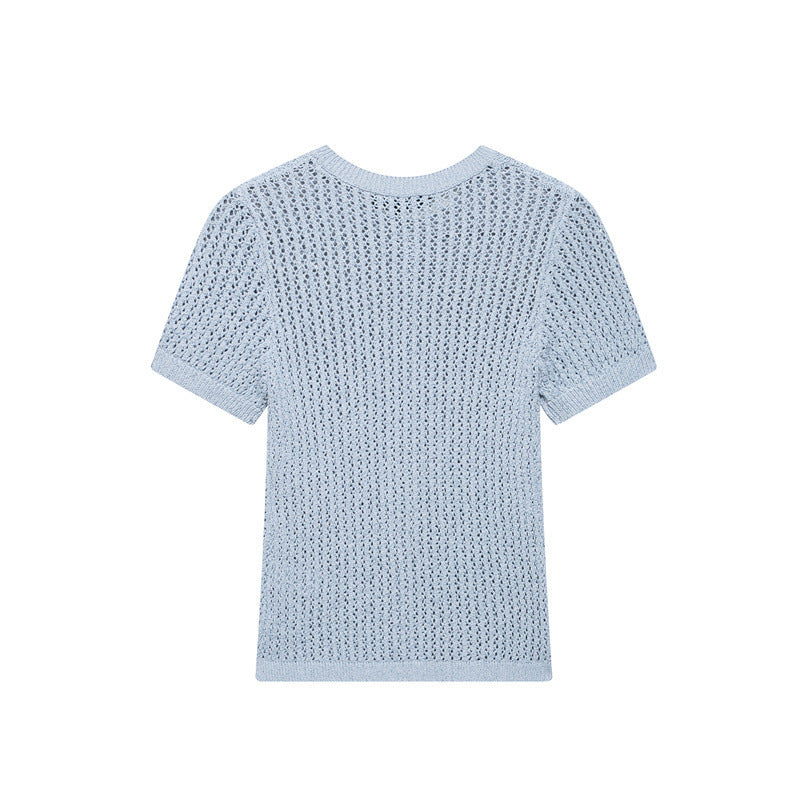 Solid Color Jacquard Mesh Knitted Top T-shirt