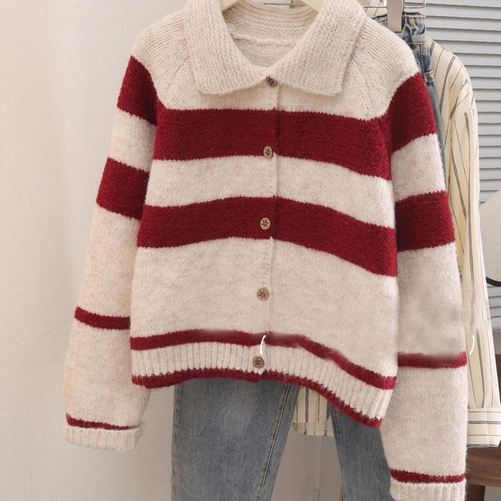 Women's Lapel Stripe Sweater Coat