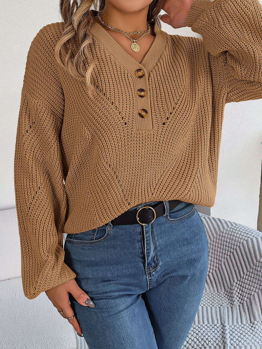Women Hollow Out V-Neck Button Lantern Sleeve Pullover Sweater