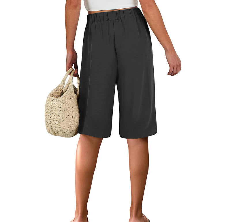 Summer Elastic Waist Pure Color Tied Loose Casual Cropped Pants