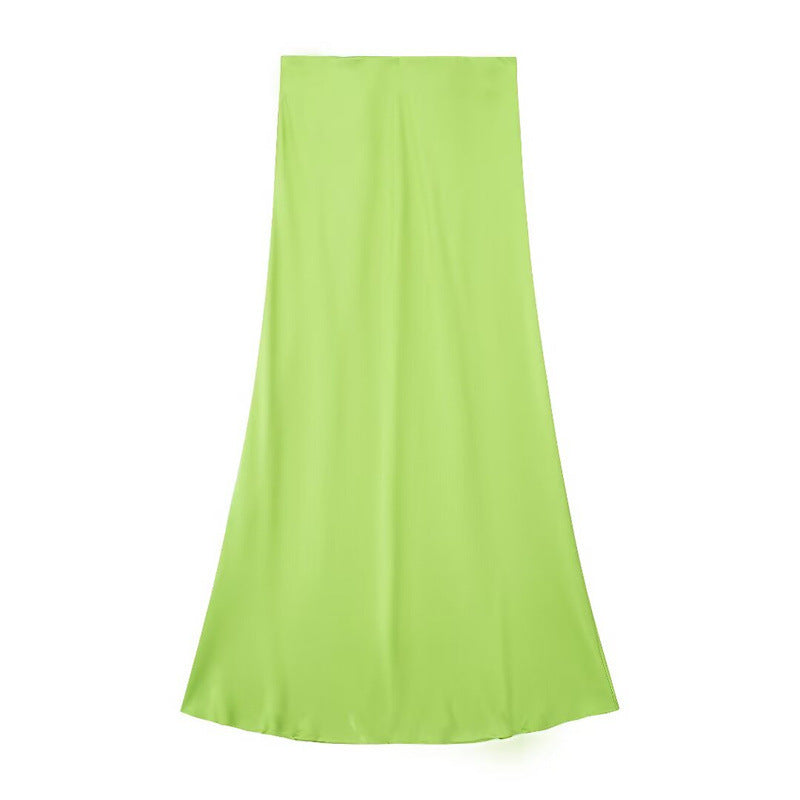 Solid Color Slim Silk Satin Texture Midi Skirt