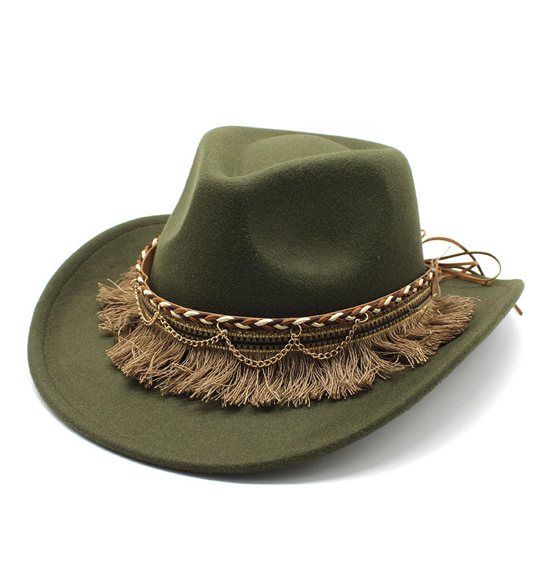 Ethnic Style Tassel Felt Cap Jazz Flat Brim Hat
