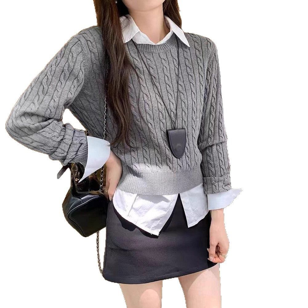 Ladies' Loose Twisted Round Neck Solid Color Sweater