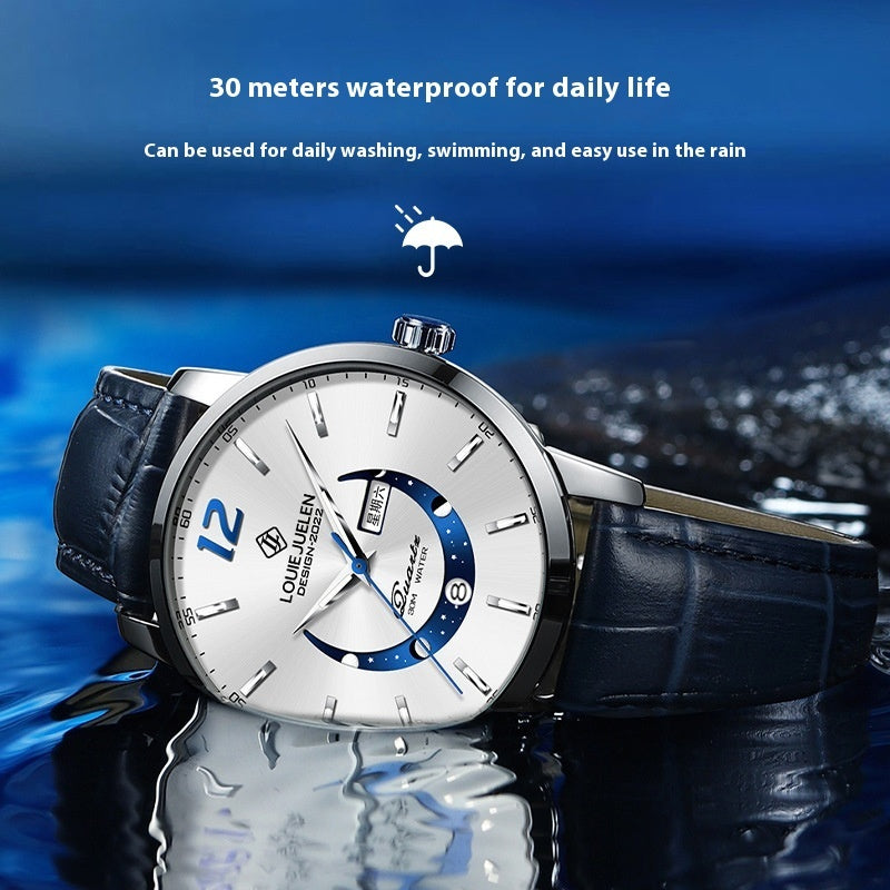 Master Moon Phase Luminous Waterproof Wrist Watch Men's Fashion Genuine Leather Strap Quartz Watch