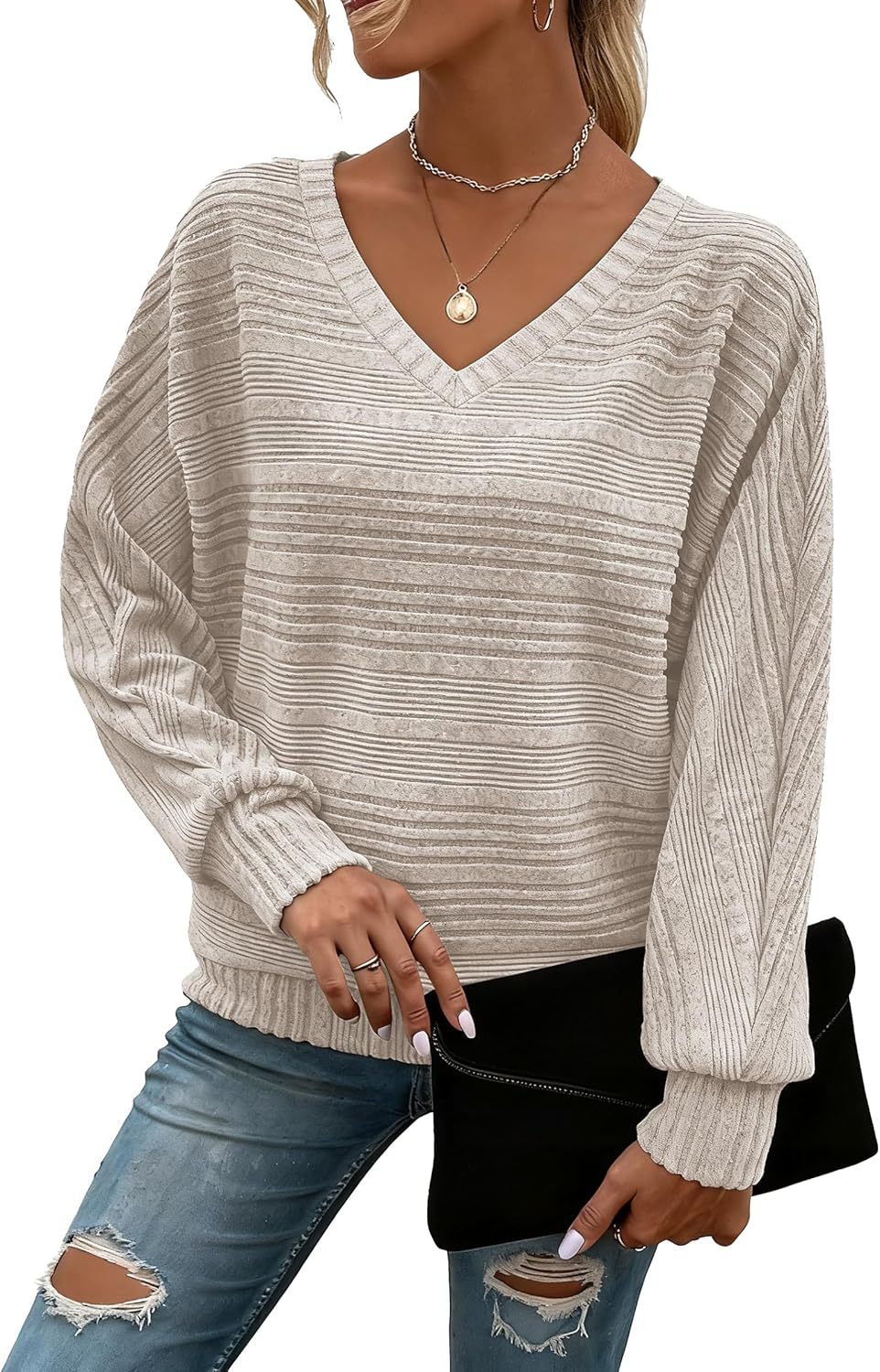Women's Long-Sleeve Casual V-Neck Pullover Sweater