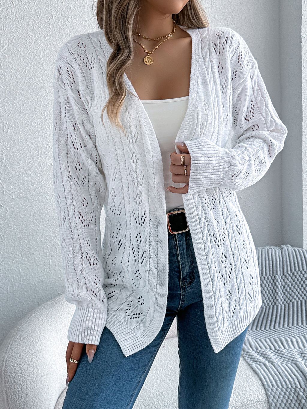 Women Casual Solid Color Hollow Out Long Sleeve Cardigan Sweater Coat