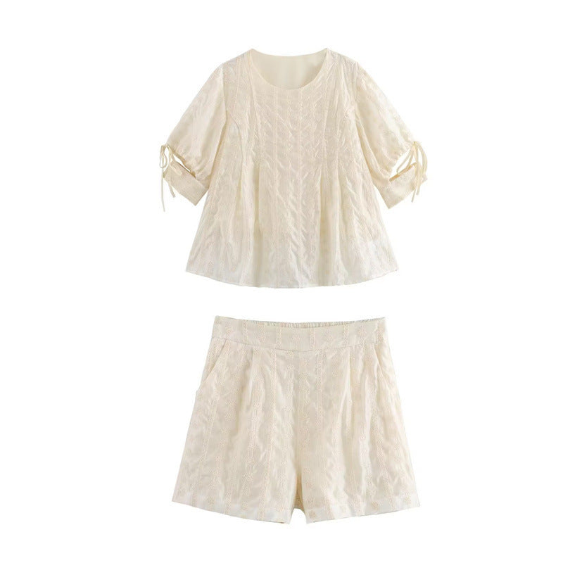Women's New Loose Embroidered Half Elastic Shorts Short Sleeve Top Suit